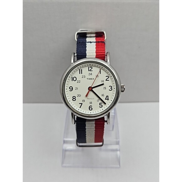 Timex Indiglo Field Watch 24 Hour Dial Red White Blue Nato Strap New Battery - Picture 1 of 11